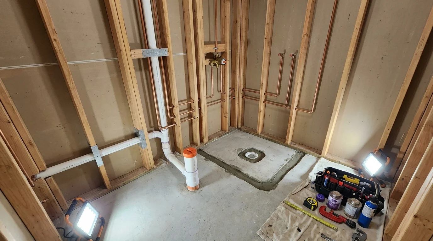 Bathroom rough-in plumbing during remodel by Johns Plumbing LLC in Greenback