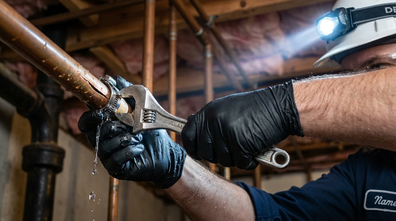 Emergency pipe clamp repair being performed by a Johns Plumbing LLC plumber in Greenback