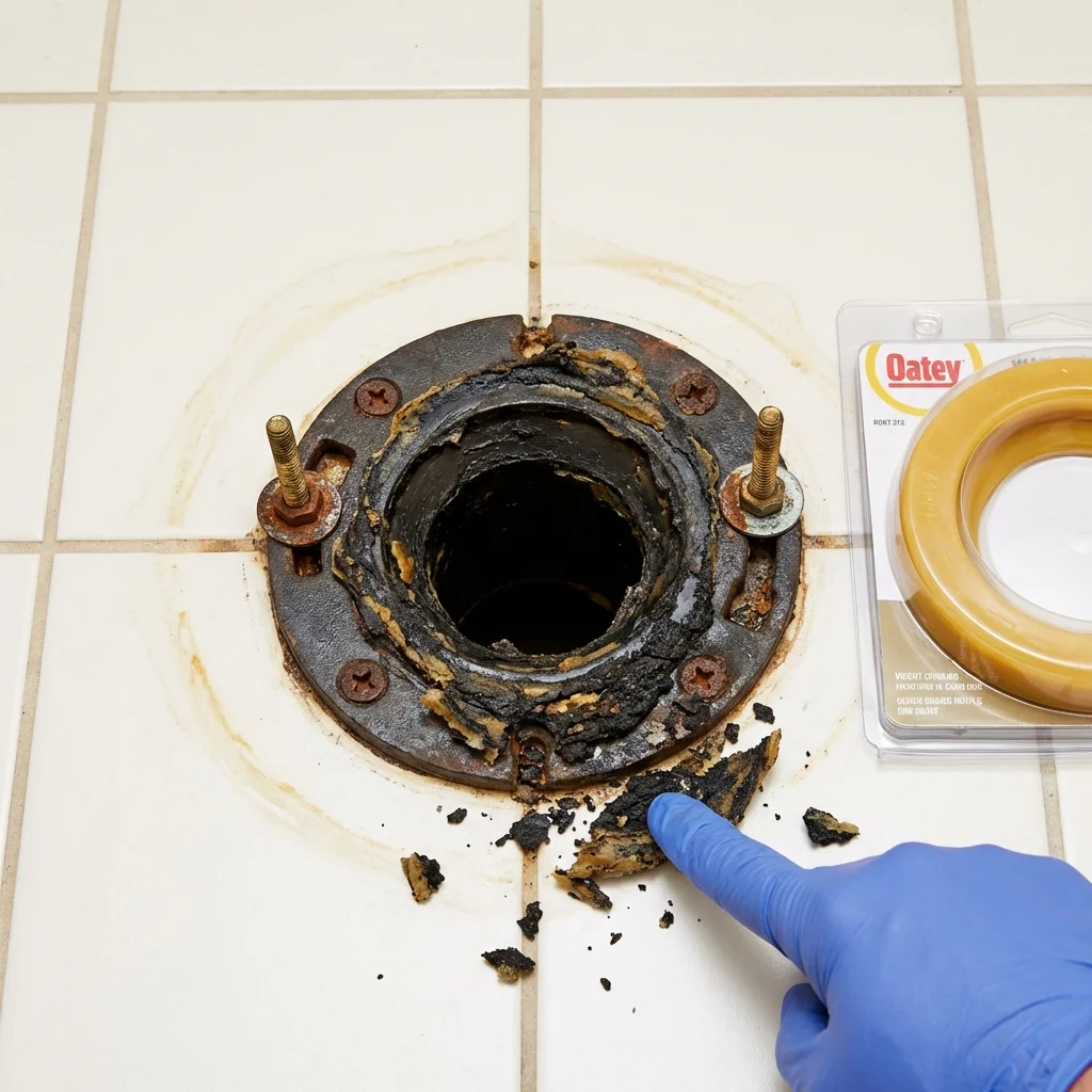 Failed wax ring showing water seepage at the base of a toilet in a Greenback, TN home