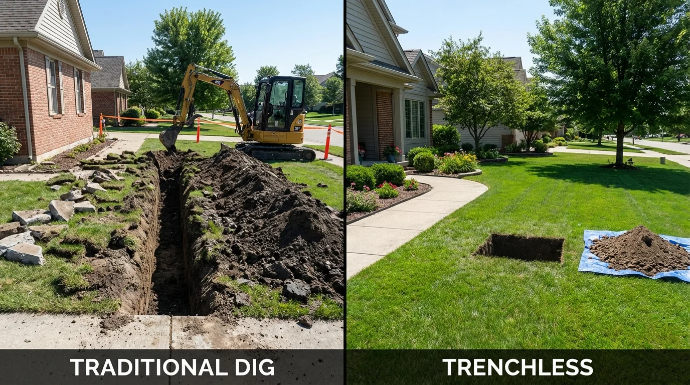 Trenchless sewer repair with minimal yard damage versus traditional excavation in Greenback, TN