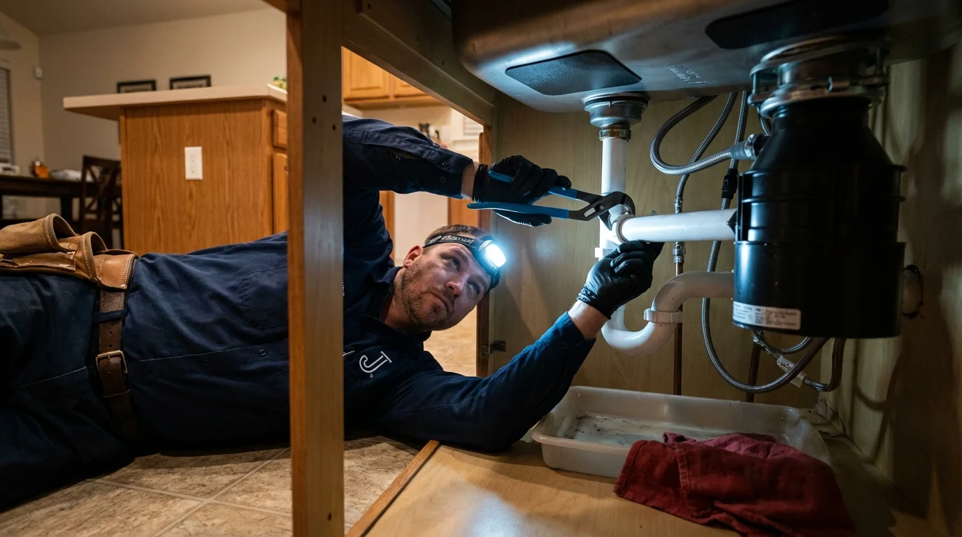 P-trap and supply line connections under a kitchen sink showing a common leak point in Greenback, TN